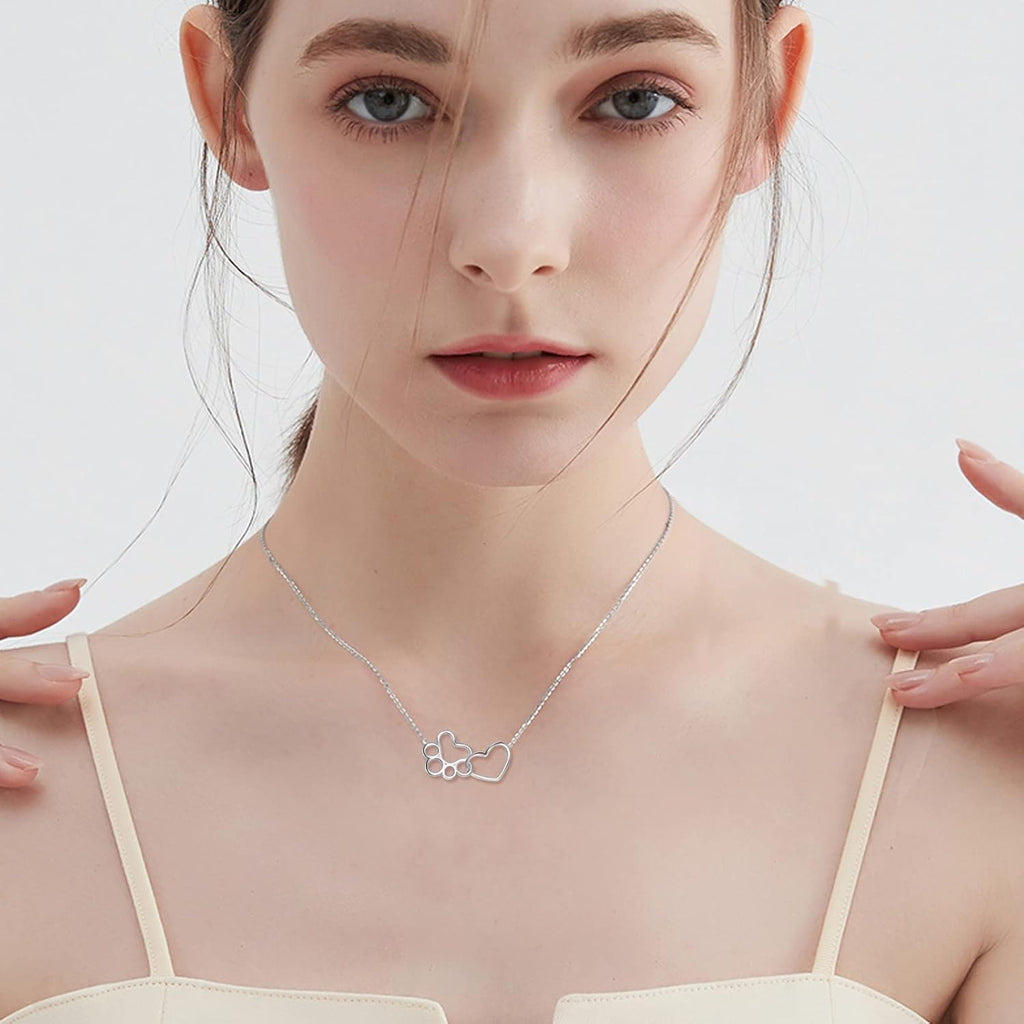 Sterling Silver Paw Print Necklace – Heart Crystal Pendant