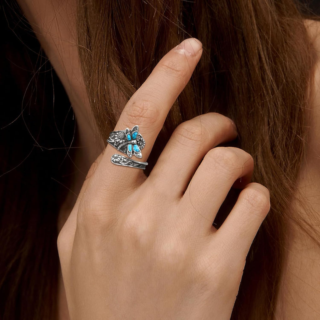 Sterling Silver Turquoise Spoon Ring – Vintage Boho Wrap Ring with Dragonfly