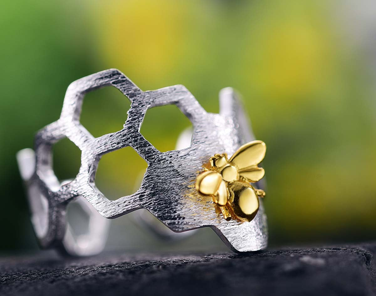 Adjustable 18K Gold Plated Honeycomb Ring