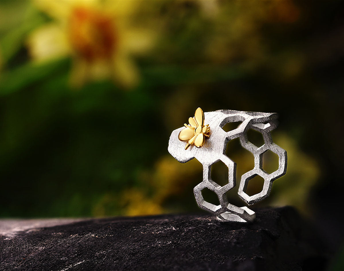Adjustable 18K Gold Plated Honeycomb Ring