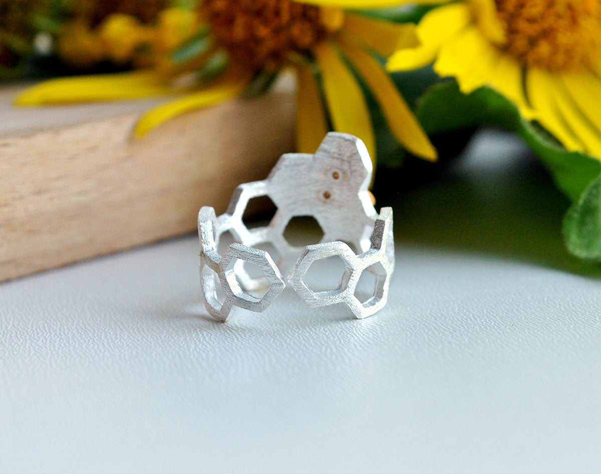 Adjustable 18K Gold Plated Honeycomb Ring