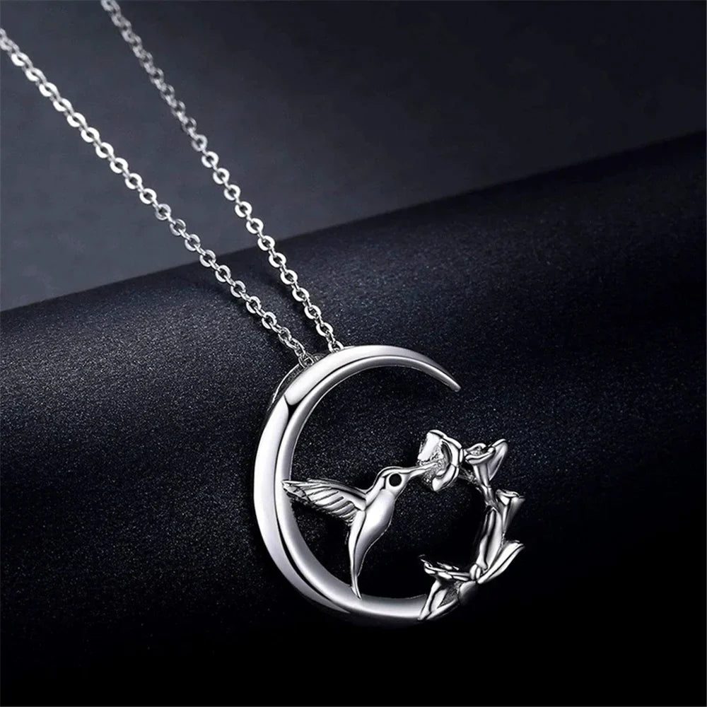 Moon Bird Vintage Silver Pendant Necklace