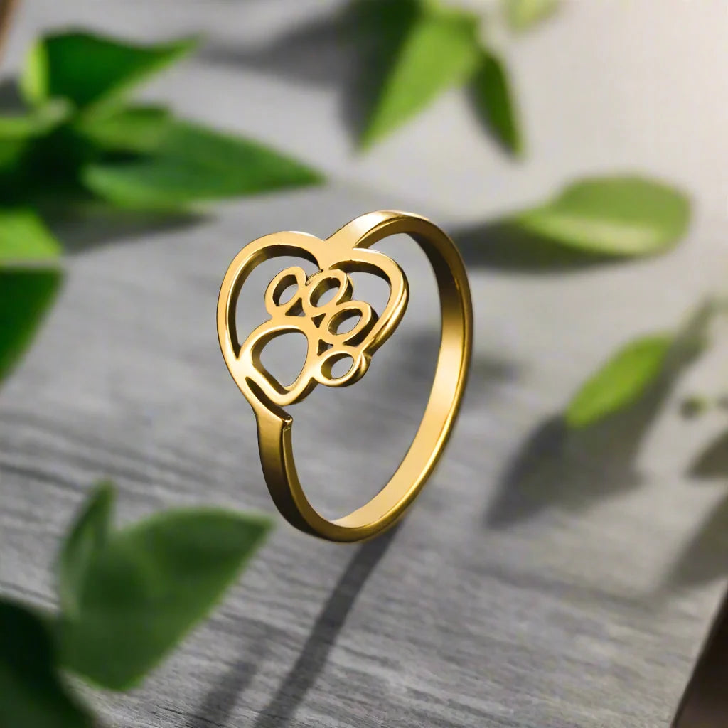 Gold-Tone Paw & Heart Ring – Stainless Steel Jewelry for Pet Lovers