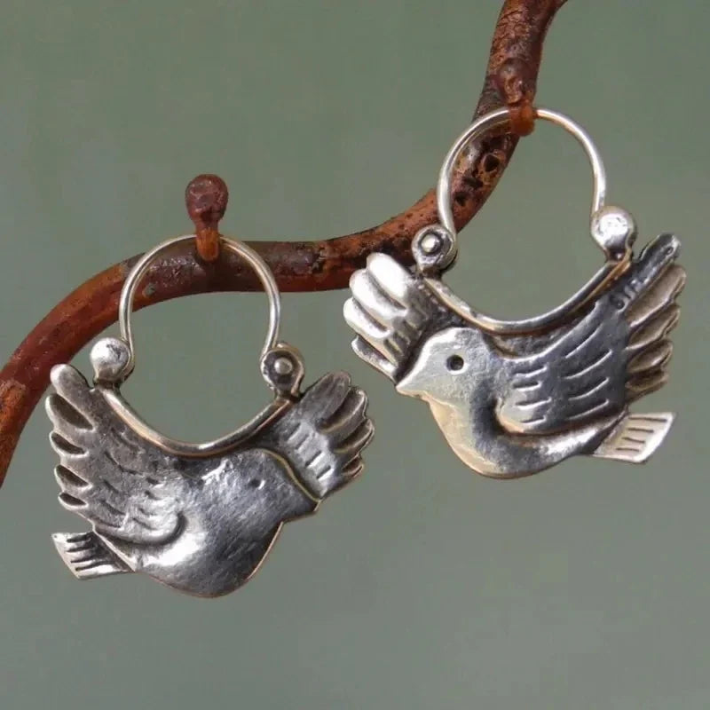 Boho Bird-Inspired Dangle Earrings – Silver-Tone