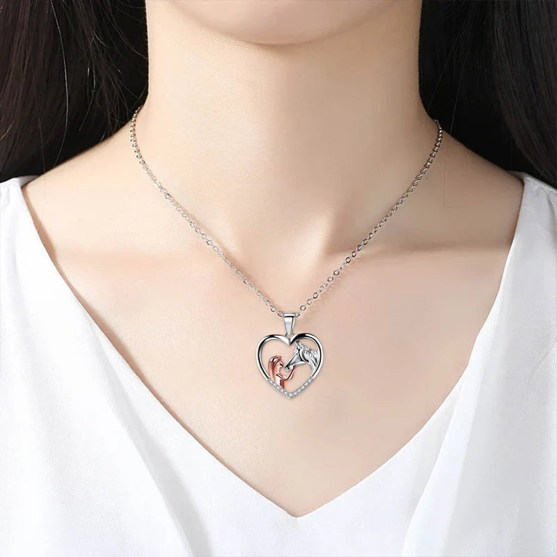Beautiful Heart Zircon Girl and Horse Necklace