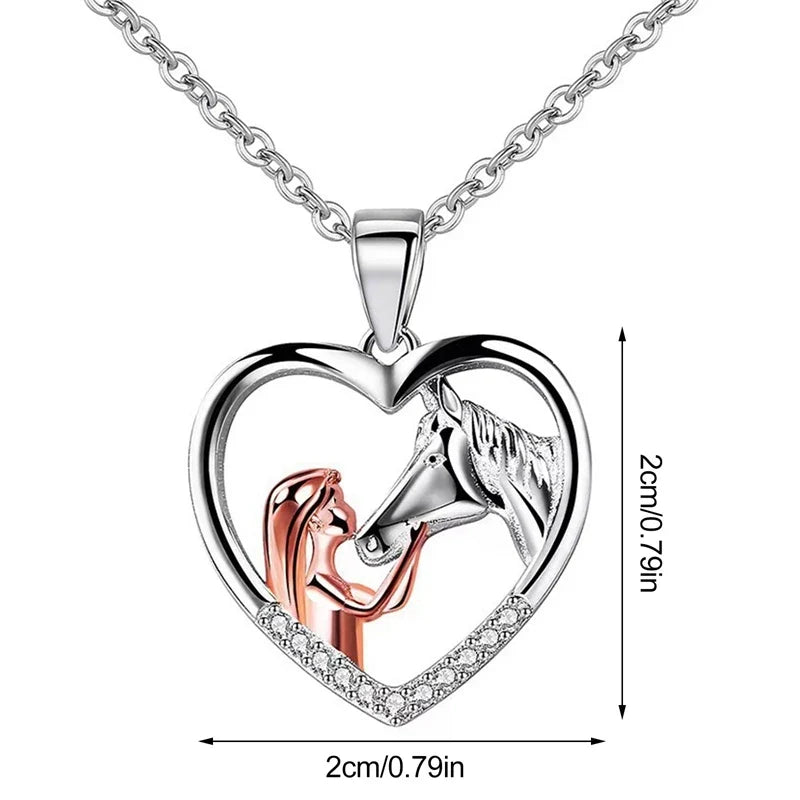 Beautiful Heart Zircon Girl and Horse Necklace