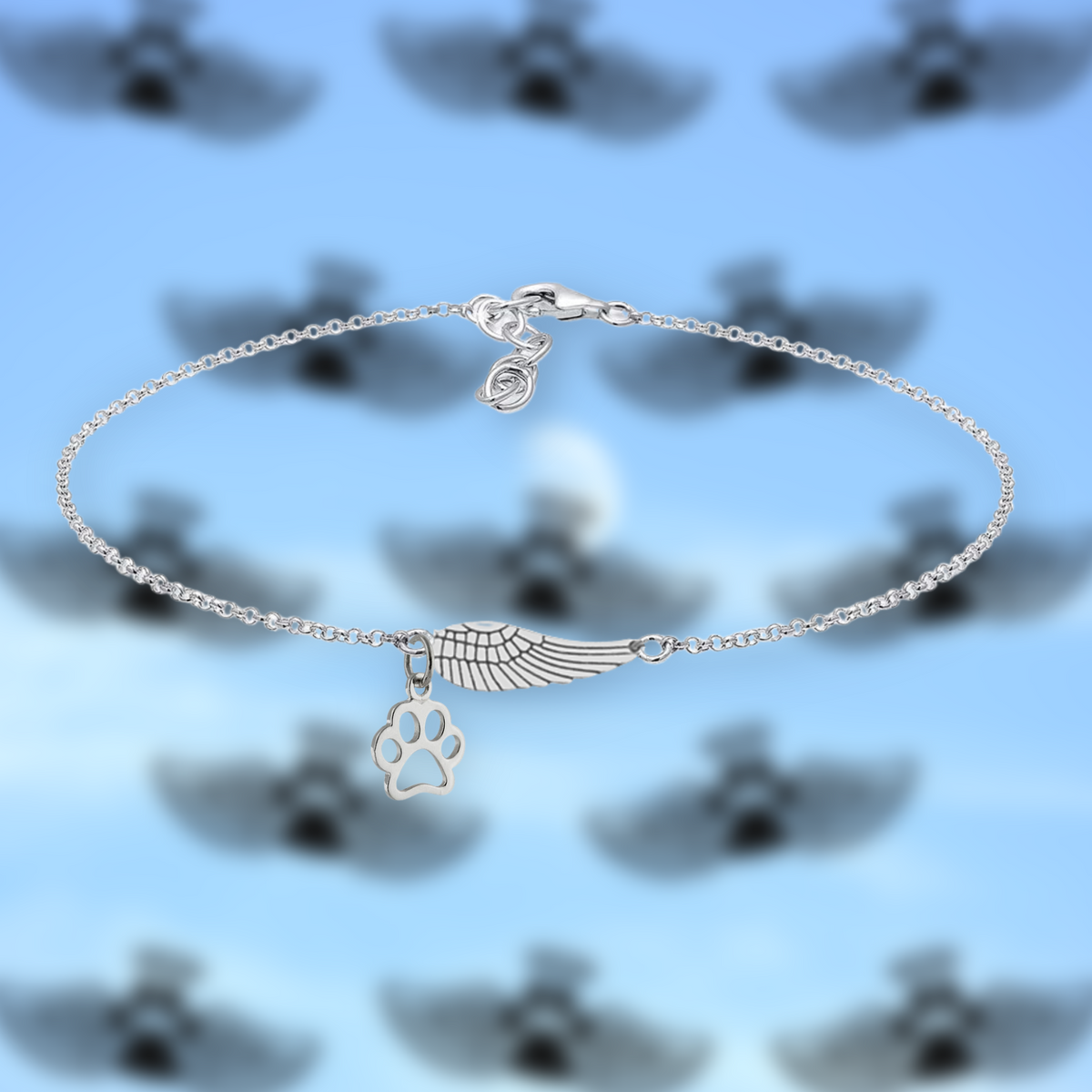 Silver Memorial Bracelet with Angel Wing & Paw Print | Handmade