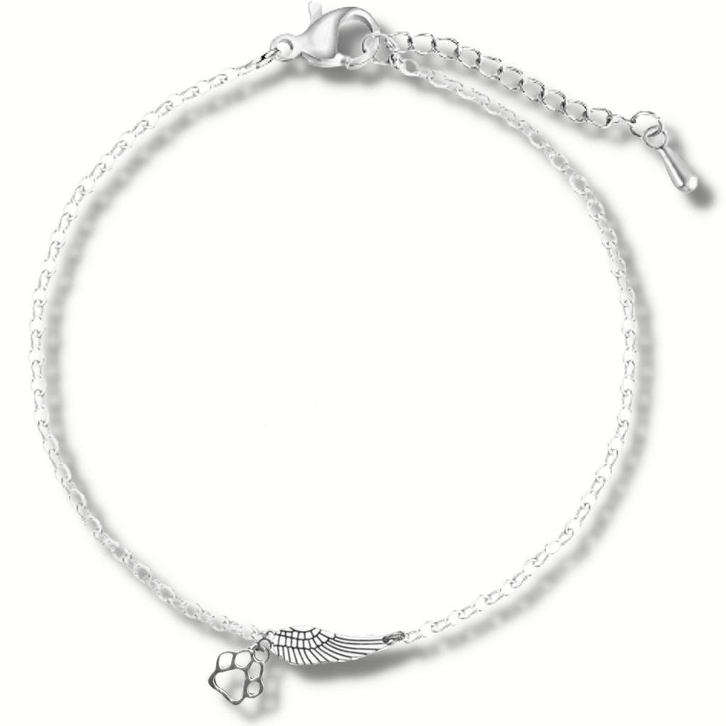 Silver Memorial Bracelet with Angel Wing & Paw Print | Handmade