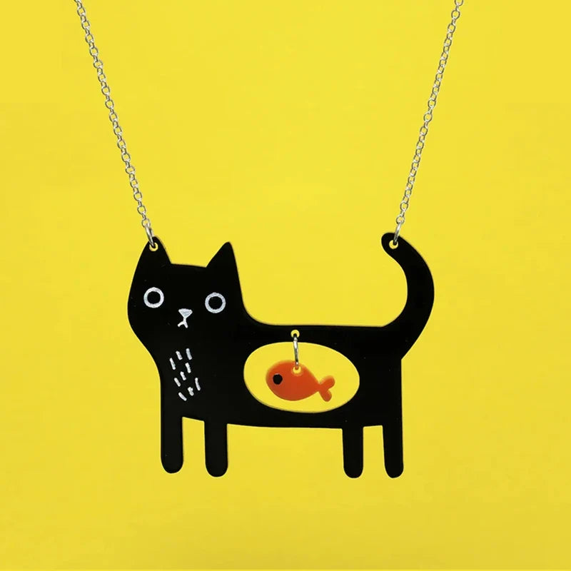 Whimsical Cat & Fish Acrylic Pendant Necklace