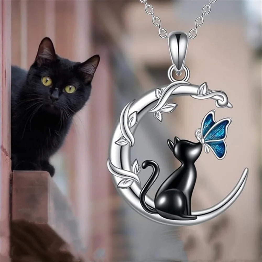 Moon Cat Butterfly Crystal Pendant Necklace