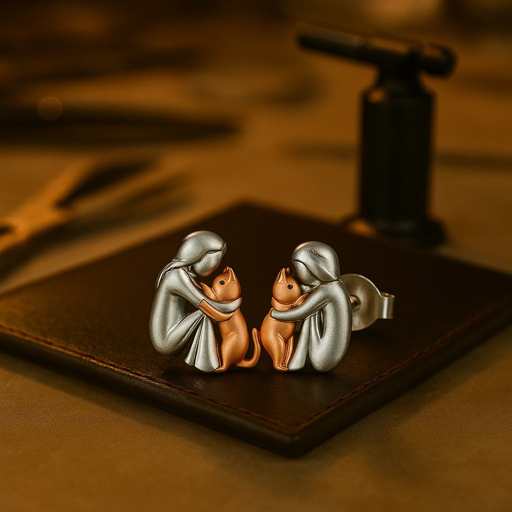 Silver and Gold Two-Tone Cat Hug Earrings