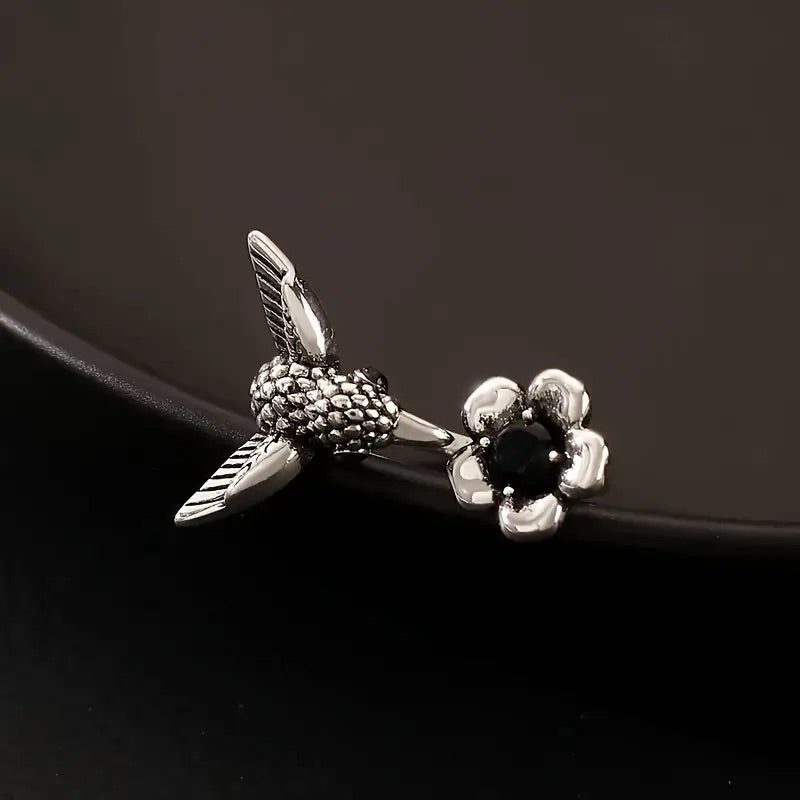 Hummingbird & Flower Ring – Adjustable Open Bird Ring for Women