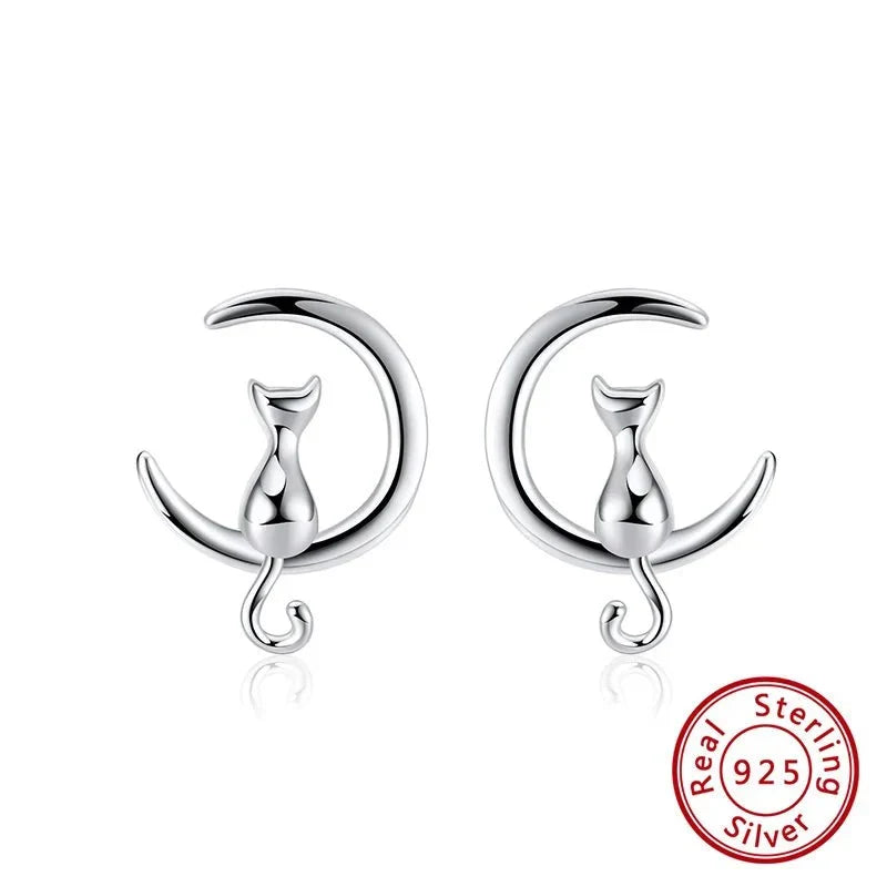 Moon & Cat Sterling Silver Stud Cat Earrings